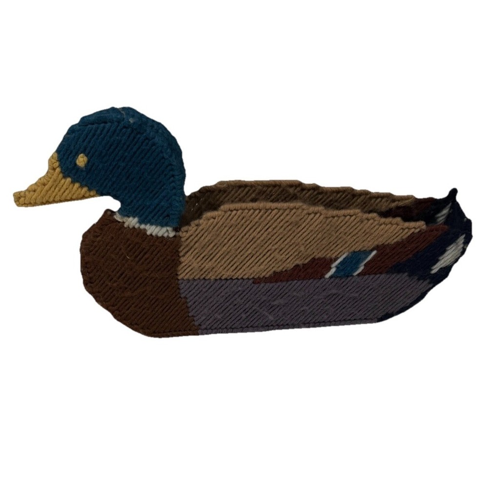 Vintage Handmade Plastic Canvas Yarn Needlepoint Duck Key Mail Holder Latch Hook